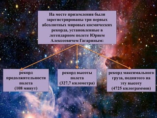 На месте приземления были
зарегистрированы три первых
абсолютных мировых космических
рекорда, установленные в
легендарном полете Юрием
Алексеевичем Гагариным:
рекорд
продолжительности
полета
(108 минут)
рекорд высоты
полета
(327,7 километра)
рекорд максимального
груза, поднятого на
эту высоту
(4725 килограммов)
 