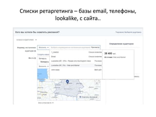 Списки ретаргетинга – базы email, телефоны,
lookalike, с сайта..
 