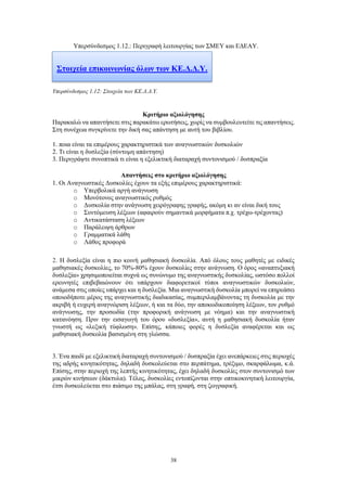 38
Υπερσύνδεσμος 1.12.: Περιγραφή λειτουργίας των ΣΜΕΥ και ΕΔΕΑΥ.
Υπερσύνδεσμος 1.12: Στοιχεία των ΚΕ.Δ.Δ.Υ.
Κριτήριο αξιολόγησης
Παρακαλώ να απαντήσετε στις παρακάτω ερωτήσεις, χωρίς να συμβουλευτείτε τις απαντήσεις.
Στη συνέχεια συγκρίνετε την δική σας απάντηση με αυτή του βιβλίου.
1. ποια είναι τα επιμέρους χαρακτηριστικά των αναγνωστικών δυσκολιών
2. Τι είναι η δυσλεξία (σύντομη απάντηση)
3. Περιγράψτε συνοπτικά τι είναι η εξελικτική διαταραχή συντονισμού / δυσπραξία
Απαντήσεις στο κριτήριο αξιολόγησης
1. Οι Αναγνωστικές Δυσκολίες έχουν τα εξής επιμέρους χαρακτηριστικά:
o Υπερβολικά αργή ανάγνωση
o Μονότονος αναγνωστικός ρυθμός
o Δυσκολία στην ανάγνωση χειρόγραφης γραφής, ακόμη κι αν είναι δική τους
o Συντόμευση λέξεων (αφαιρούν σημαντικά μορφήματα π.χ. τρέχω-τρέχοντας)
o Αντικατάσταση λέξεων
o Παράλειψη άρθρων
o Γραμματικά λάθη
o Λάθος προφορά
2. Η δυσλεξία είναι η πιο κοινή μαθησιακή δυσκολία. Από όλους τους μαθητές με ειδικές
μαθησιακές δυσκολίες, το 70%-80% έχουν δυσκολίες στην ανάγνωση. Ο όρος «αναπτυξιακή
δυσλεξία» χρησιμοποιείται συχνά ως συνώνυμο της αναγνωστικής δυσκολίας, ωστόσο πολλοί
ερευνητές επιβεβαιώνουν ότι υπάρχουν διαφορετικοί τύποι αναγνωστικών δυσκολιών,
ανάμεσα στις οποίες υπάρχει και η δυσλεξία. Μια αναγνωστική δυσκολία μπορεί να επηρεάσει
οποιοδήποτε μέρος της αναγνωστικής διαδικασίας, συμπεριλαμβάνοντας τη δυσκολία με την
ακριβή ή ευχερή αναγνώριση λέξεων, ή και τα δύο, την αποκωδικοποίηση λέξεων, τον ρυθμό
ανάγνωσης, την προσωδία (την προφορική ανάγνωση με νόημα) και την αναγνωστική
κατανόηση. Πριν την εισαγωγή του όρου «δυσλεξία», αυτή η μαθησιακή δυσκολία ήταν
γνωστή ως «λεξική τύφλωση». Επίσης, κάποιες φορές η δυσλεξία αναφέρεται και ως
μαθησιακή δυσκολία βασισμένη στη γλώσσα.
3. Ένα παιδί με εξελικτική διαταραχή συντονισμού / δυσπραξία έχει ανεπάρκειες στις περιοχές
της αδρής κινητικότητας, δηλαδή δυσκολεύεται στο περπάτημα, τρέξιμο, σκαρφάλωμα, κ.ά.
Επίσης, στην περιοχή της λεπτής κινητικότητας, έχει δηλαδή δυσκολίες στον συντονισμό των
μικρών κινήσεων (δάκτυλα). Τέλος, δυσκολίες εντοπίζονται στην οπτικοκινητική λειτουργία,
έτσι δυσκολεύεται στο πιάσιμο της μπάλας, στη γραφή, στη ζωγραφική.
Στοιχεία επικοινωνίας όλων των ΚΕ.Δ.Δ.Υ.
 