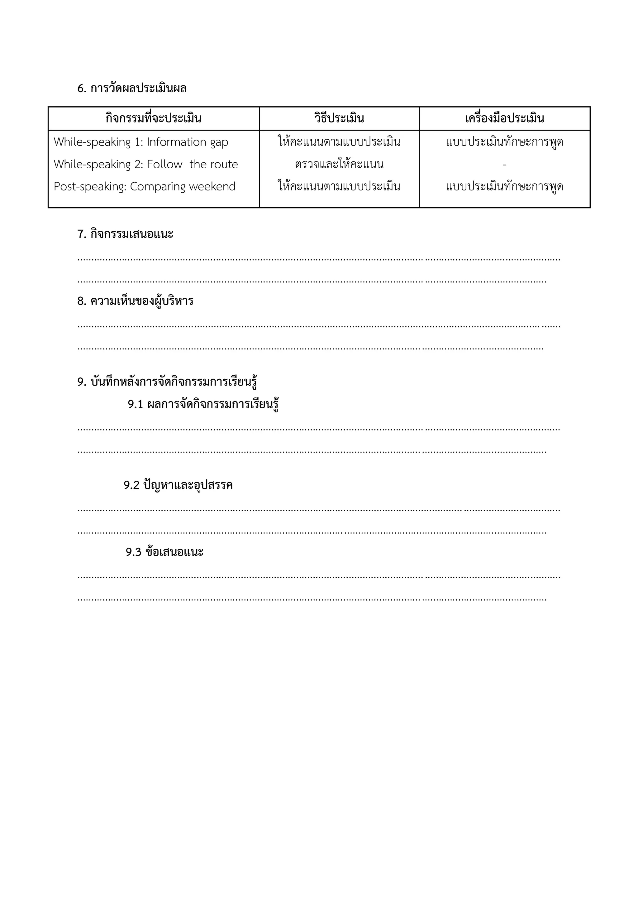 6. การวัดผลประเมินผล
กิจกรรมที่จะประเมิน วิธีประเมิน เครื่องมือประเมิน
While-speaking 1: Information gap
While-speaking 2: Follow the route
Post-speaking: Comparing weekend
ให้คะแนนตามแบบประเมิน
ตรวจและให้คะแนน
ให้คะแนนตามแบบประเมิน
แบบประเมินทักษะการพูด
-
แบบประเมินทักษะการพูด
7. กิจกรรมเสนอแนะ
..............................................................................................................................................................................
.........................................................................................................................................................................
8. ความเห็นของผู้บริหาร
..............................................................................................................................................................................
........................................................................................................................................................................
9. บันทึกหลังการจัดกิจกรรมการเรียนรู้
9.1 ผลการจัดกิจกรรมการเรียนรู้
..............................................................................................................................................................................
.........................................................................................................................................................................
9.2 ปัญหาและอุปสรรค
..............................................................................................................................................................................
.........................................................................................................................................................................
9.3 ข้อเสนอแนะ
..............................................................................................................................................................................
.........................................................................................................................................................................
 