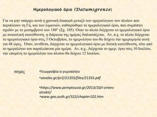 Για να μην υπάρχει αυτή η χρονική διαφορά μεταξύ των ημερολόγιων των πλοίων που
περιπλέουν τη Γη, και των λιμανιών, καθιερώθηκε το ημερολογιακό όριο, που συμπίπτει
σχεδόν με το μεσημβρινό των 180° (Σχ. 105). Όταν το πλοίο διέρχεται το ημερολογιακό όριο
με ανατολική κατεύθυνση, η διάρκεια της ημέρας διπλασιάζεται. Αν, π.χ. το πλοίο διέρχεται
το ημερολογιακό όριο στις 3 Οκτωβρίου, το ημερολόγιο του θα δείχνει την ημερομηνία αυτή
για 48 ώρες. Όταν, αντίθετα, διέρχεται το ημερολογιακό όριο με δυτική κατεύθυνση, τότε από
το ημερολόγιο του παραλείπεται μία ημέρα. Αν, π.χ., διέρχεται το ημερ. όριο στις 10 Ιουλίου,
την επομένη το ημερολόγιο του πλοίου θα δείχνει 12 Ιουλίου.
(Ημερολογιακό όριο Datumsgrenze)
•www.geo.auth.gr/322/chapter102.htm
•https://www.pemptousia.gr/2013/10/i-oriees-
atrakti/
•savalas.gr/pr2/21355/files/21355.pdf
πηγές •Γεωγραφία α γυμνασίου
 
