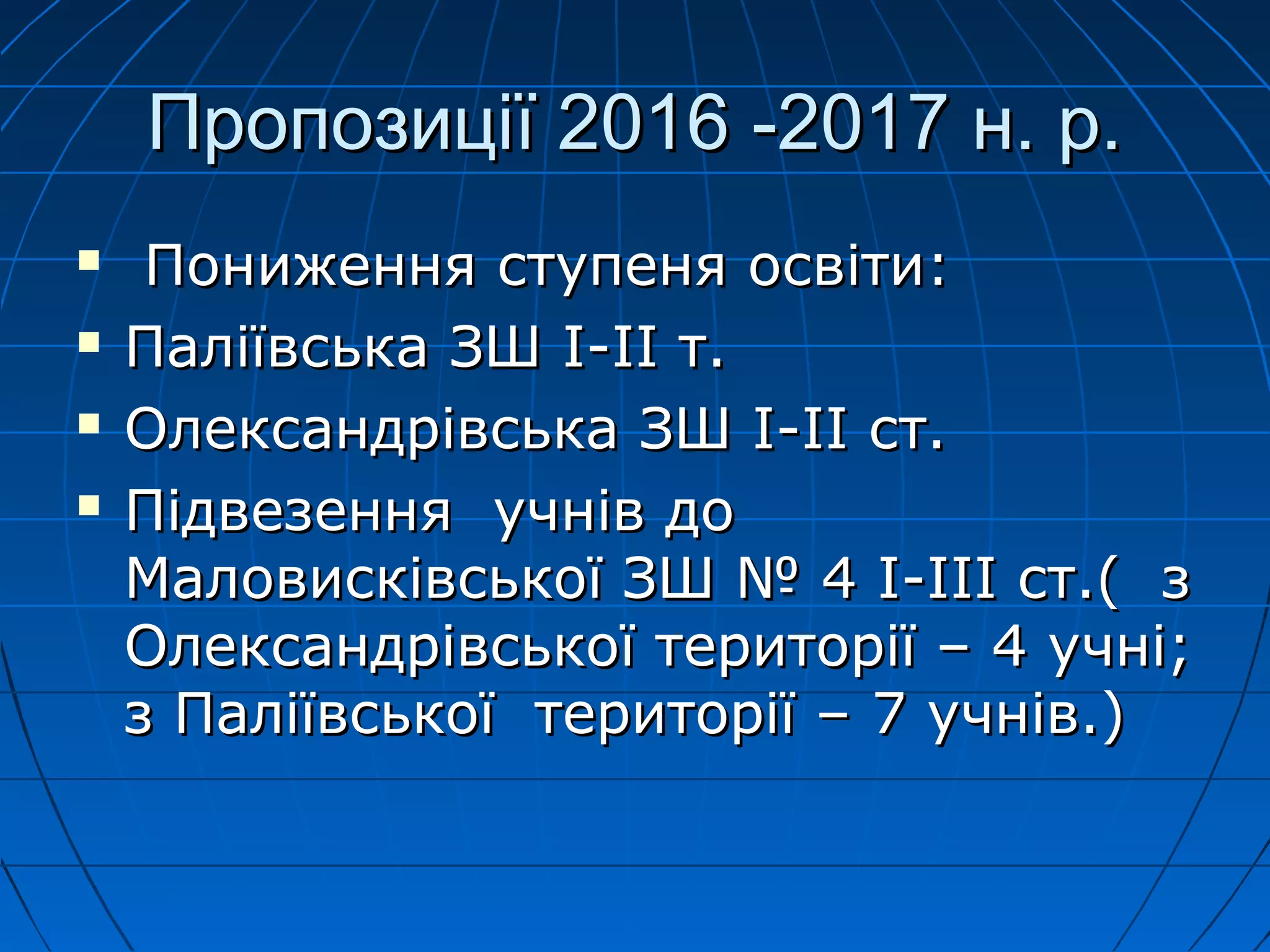 Пропозиції 2016 -2017 н. р.Пропозиції 2016 -2017 н. р.
 Пониження ступеня освіти:Пониження ступеня освіти:
 Паліївська ЗШ І-ІІ т.Паліївська ЗШ І-ІІ т.
 Олександрівська ЗШ І-ІІ ст.Олександрівська ЗШ І-ІІ ст.
 Підвезення учнів доПідвезення учнів до
Маловисківської ЗШ № 4 І-ІІІ ст.( зМаловисківської ЗШ № 4 І-ІІІ ст.( з
Олександрівської території – 4 учні;Олександрівської території – 4 учні;
з Паліївської території – 7 учнів.)з Паліївської території – 7 учнів.)
 