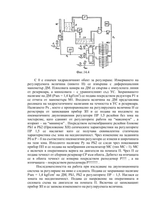 Фиг.14.4
С 0 е означен хидравличният обект за регулиране. Измерването на
регулируемата величина (нивото Н) се извършва с диференциалния
манометър ДМ. Плюсовата камера на ДМ се свързва с импулсната линия
от резервоара, а миносовата – с уравнителният съд УС. Захранващото
налягане на ДМ (Рзах = 1,4 kgf/cm2
) се подава посредством редуктора Р1 и
се отчита от манометъра М1. Входната величина на ДМ представлява
разликата на хидростатичните налягания на течността в УС и резервоара.
Налягането Рх , което е пропорционално на регулируемата величина Н се
регистрира от записващия прибор ЗП и се подава на входовете на
пневматичните двупозиционни регулатори ПР 1,5 релейни без зона на
хистерезис, като единият от регулаторите работи на “максимум” , а
вторият – на “минимум” . Посредством петмембранните релейни блокове
РБ1 и РБ2 (Приложение XII) сатическите характеристики на регулаторите
ПР 1,5 се наслагват като се получава еквивалентна статическа
характеристика със зона на нееднозначност. Чрез изменение на заданията
Рб и Р – б на съответните пневматични регулатори се изменя и широчината
на тази зона. Изходното налягане Ру на РБ2 се следи чрез показващия
прибор ПП и се подава на мембранния сигнализатор МС (тип МС - 1). МС
е включен в оперативната верига на двигателя на помпата П. Чрез П се
подава течност от сборния резервоар СР към обекта. Дебитът на втичащата
се в обекта течност се измерва посредством разходомер Р!!!! , а на
изтичащата – посредством разходомера Р!!!!!!!! .
Последователността на работа при изследване на двупозиционната
система за регулиране на ниво е следната. Подава се захранващо налягане
Рзах = 1,4 kgf/cm2
на ДМ, РБ1, РБ2 и регулаторите ПР – 1,5. Наглася се
зоната на нееднозначност. Подава се напрежение на оперативната и
силовата схема на двигателя на помпата П. Включва се записващият
прибор ЗП и се записва изменението на регулируемата величина.
 