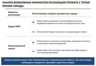 АНАЛИЗ ВОЗМОЖНЫХ ВАРИАНТОВ РЕАЛИЗАЦИИ ПРОЕКТА С ТОЧКИ
ЗРЕНИЯ ГОРОДА:
Каждое решение имеет свои положительные и отрицательные стороны, при этом городу
необходимо определить сценарий и двигаться вперед
Плюсы/минусы каждого сценария для города:
Кредит ЕБРР
Инвестиционный
проект
Варианты
реализации:
+
−
Проект будет реализован в полном объеме без риска
недофинансирования на каком-то промежуточном этапе
Валютный риск будет полностью на городе (кредит в Евро)
+
−
Валютный риск полностью на инвесторе, город рассчитывается
с инвестором гривневой выручкой
Город теряет часть контроля над процессом сбора выручки,
что не всегда приемлемо
 