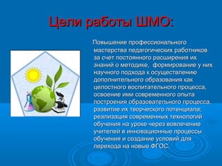 Цели работы ШМО:Цели работы ШМО:
Повышение профессиональногоПовышение профессионального
мастерства педагогических работниковмастерства педагогических работников
за счет постоянного расширения ихза счет постоянного расширения их
знаний о методике, формирование у нихзнаний о методике, формирование у них
научного подхода к осуществлениюнаучного подхода к осуществлению
дополнительного образования какдополнительного образования как
целостного воспитательного процесса,целостного воспитательного процесса,
освоение ими современного опытаосвоение ими современного опыта
построения образовательного процесса,построения образовательного процесса,
развитие их творческого потенциала;развитие их творческого потенциала;
реализация современных технологийреализация современных технологий
обучения на уроке через вовлечениеобучения на уроке через вовлечение
учителей в инновационные процессыучителей в инновационные процессы
обучения и создание условий дляобучения и создание условий для
перехода на новые ФГОС.перехода на новые ФГОС.
 