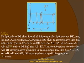 Δρ. Μαρία Χάλκου
http://www.drchalkou.simplesite.com
Δεῖξις
Τὸ ὀρθογώνιο ΒΘ εἶναι ἴσο μὲ τὸ ἄθροισμα τῶν ὀρθογωνίων ΒΚ, ΔΛ,
καὶ ΕΘ. Ἀλλὰ τὸ παραλληλόγραμμο ΒΘ εἶναι τὸ περιεχόμενο ὑπὸ τῶν
ΑΒ καὶ ΒΓ (ἀφοῦ ΑΒ=ΒΗ), τὸ ΒΚ ὑπὸ τῶν ΑΒ, ΒΔ, τὸ ΔΛ ὑπὸ τῶν
ΑΒ, ΔΕ[1], καὶ τὸ ΕΘ ὑπὸ τῶν ΑΒ, ΕΓ. Ἄρα τὸ ὀρθογώνιο τὸ ὑπὸ τῶν
ΑΒ, ΒΓ περιεχόμενον εἶναι ἴσο μὲ τὸ ἄθροισμα τῶν ὑπὸ τῶν ΑΒ, ΒΔ,
καὶ ΑΒ, ΔΕ, καὶ ΑΒ, ΕΘ περιεχομένων παραλληλογράμμων.
[1] Τὸ αὐτό.
 