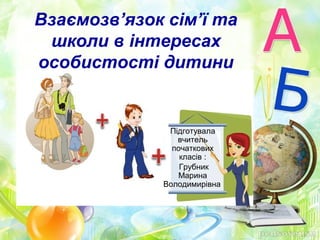 Взаємозв’язок сім’ї та
школи в інтересах
особистості дитини
Підготувала
вчитель
початкових
класів :
Грубник
Марина
Володимирівна
 