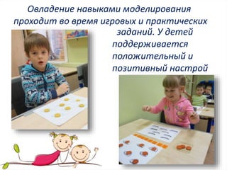 Овладение навыками моделирования
проходит во время игровых и практических
заданий. У детей
поддерживается
положительный и
позитивный настрой
 
