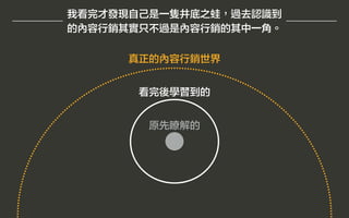 原先瞭解的
看完後學習到的
我看完才發現自己是一隻井底之蛙，過去認識到
的內容行銷其實只不過是內容行銷的其中一角。
真正的內容行銷世界
 