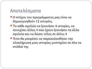 Αποτελέσματα
Ο στόχος του προγράμματος μας είναι να
δημιουργηθούν 12 ιστορίες.
Το κάθε σχολείο να ξεκινήσει 4 ιστορίες, να
συνεχίσει άλλες 4 που έχουν ξεκινήσει τα άλλα
σχολεία και να δώσει τέλος σε άλλες 4
Έτσι θα μπορέσει να παρακολουθήσει την
ολοκλήρωση μιας ιστορίας μυστηρίου σε όλα τα
στάδιά της
 