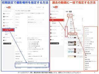初期設定で撮影場所を指定する方法  過去の動画に一括で指定する方法
イーンスパイア（株）横田秀珠の著作権を尊重しつつ、是非ノウハウをシェアしよう！ 3
 