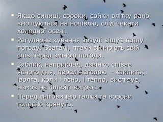  Якщо синиці, сороки, сойки влітку раноЯкщо синиці, сороки, сойки влітку рано
вмощуються на ночівлю, слід чекативмощуються на ночівлю, слід чекати
холодної осені.холодної осені.
 Регулярне кування зозулі віщує теплуРегулярне кування зозулі віщує теплу
погоду. Взагалі, птахи змінюють свійпогоду. Взагалі, птахи змінюють свій
спів перед зміною погоди.спів перед зміною погоди.
 Зяблик, наприклад, дзвінко співаєЗяблик, наприклад, дзвінко співає
ясного дня, перед негодою – квилить;ясного дня, перед негодою – квилить;
іволга, коли і ясно, і тепло, виспівує,іволга, коли і ясно, і тепло, виспівує,
немов на флейті виграє.немов на флейті виграє.
 Перед сніговицею галки та ворониПеред сніговицею галки та ворони
голосно крячуть.голосно крячуть.
 