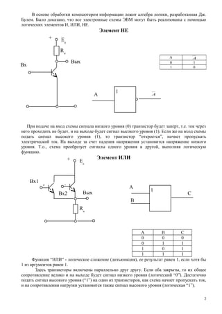 В основе обработки компьютером информации лежит алгебра логики, разработанная Дж.
Булем. Было доказано, что все электронные схемы ЭВМ могут быть реализованы с помощью
логических элементов И, ИЛИ, НЕ.
Элемент НЕ
При подаче на вход схемы сигнала низкого уровня (0) транзистор будет заперт, т.е. ток через
него проходить не будет, и на выходе будет сигнал высокого уровня (1). Если же на вход схемы
подать сигнал высокого уровня (1), то транзистор “откроется”, начнет пропускать
электрический ток. На выходе за счет падения напряжения установится напряжение низкого
уровня. Т.о., схема преобразует сигналы одного уровня в другой, выполняя логическую
функцию.
Элемент ИЛИ
А В С
0 0 0
0 1 1
1 0 1
1 1 1
Функция “ИЛИ” - логическое сложение (дизъюнкция), ее результат равен 1, если хотя бы
1 из аргументов равен 1.
Здесь транзисторы включены параллельно друг другу. Если оба закрыты, то их общее
сопротивление велико и на выходе будет сигнал низкого уровня (логический “0”). Достаточно
подать сигнал высокого уровня (“1”) на один из транзисторов, как схема начнет пропускать ток,
и на сопротивлении нагрузки установится также сигнал высокого уровня (логическая “1”).
A A
0 1
1 0
2
A
1
Вх1
Вых
+ Еn
Rн
Вх2
- -
B
С
Вх
Вых
+ Еn
Rн
A A
1
 