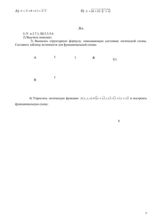 А) CACBAZ ⋅++⋅= )( б) ( ) ( )ACDBX +⋅+=
Д.з.
1) У. п.3.7.1, Ш.5.3-5.6
2) Выучить конспект.
3) Выписать структурную формулу, описывающую состояние логической схемы.
Составить таблицу истинности для функциональной схемы:
4) Упростить логическую функцию ( )( ) ( )( )zyxyyxzyxf ∨∧∨∧∨≡),,( и построить
функциональную схему.
9
Y
A
B
1
Y1
1
1
 
