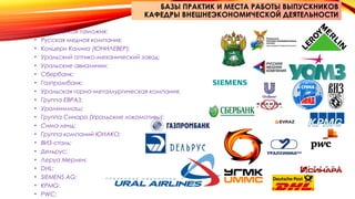 • Кольцовская таможня;
• Русская медная компания;
• Концерн Калина (ЮНИЛЕВЕР);
• Уральский оптико-механический завод;
• Уральские авиалинии;
• Сбербанк;
• Газпромбанк;
• Уральская горно-металлургическая компания;
• Группа ЕВРАЗ;
• Уралхиммаш;
• Группа Синара (Уральские локомотивы);
• Сима-ленд;
• Группа компаний ЮНАКО;
• ВИЗ-сталь;
• Дельрус;
• Леруа Мерлен;
• DHL;
• SIEMENS AG;
• KPMG;
• PWC;
БАЗЫ ПРАКТИК И МЕСТА РАБОТЫ ВЫПУСКНИКОВ
КАФЕДРЫ ВНЕШНЕЭКОНОМИЧЕСКОЙ ДЕЯТЕЛЬНОСТИ
 