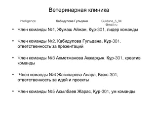 Ветеринарная клиника
• 1, , -301,Член команды № Жұмаш Айжан Кұр лидер команды
• 2, , -301,Член команды № Кабидулова Гульдана Кұр
ответственность за презентаций
• 3 , -301,Член команды № Ахметжанова Ақжарқын Құр креатив
команды
• 4 , -301,Член команды № Жагипарова Анара Божс
ответственность за идей и проекты
• 5 , -301,Член команды № Асылбаев Жарас Құр ум команды
Intelligence Кабидулова Гульдана Guldana_5_94
@mail.ru
 