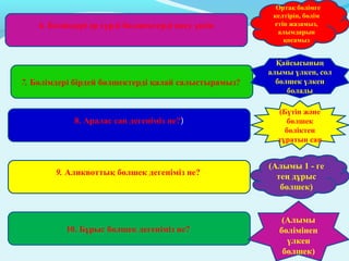 9. Аликвоттық бөлшек дегеніміз не?
8. Аралас сан дегеніміз не?)
7. Бөлімдері бірдей бөлшектерді қалай салыстырамыз?
6. Бөлімдері әр түрлі бөлшектерді қосу үшін
10. Бұрыс бөлшек дегеніміз не?
(Алымы 1 - ге
тең дұрыс
бөлшек)
(Алымы
бөлімінен
үлкен
бөлшек)
(Бүтін және
бөлшек
бөліктен
тұратын сан
Қайсысының
алымы үлкен, сол
бөлшек үлкен
болады
Ортақ бөлімге
келтіріп, бөлім
етіп жазамыз,
алымдарын
қосамыз
 