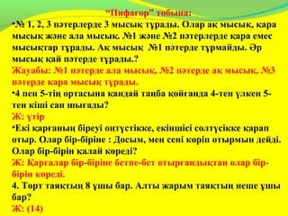 “Пифагор” тобына:
•№ 1, 2, 3 пәтерлерде 3 мысық тұрады. Олар ақ мысық, қара
мысық және ала мысық. №1 және №2 пәтерлерде қара емес
мысықтар тұрады. Ақ мысық №1 пәтерде тұрмайды. Әр
мысық қай пәтерде тұрады.?
Жауабы: №1 пәтерде ала мысық, №2 пәтерде ақ мысық, №3
пәтерде қара мысық тұрады.
•4 пен 5-тің ортасына қандай таңба қойғанда 4-тен үлкен 5-
тен кіші сан шығады?
Ж: үтір
•Екі қарғаның біреуі оңтүстікке, екіншісі солтүсікке қарап
отыр. Олар бір-біріне : Досым, мен сені көріп отырмын дейді.
Олар бір-бірін қалай көреді?
Ж: Қарғалар бір-біріне бетпе-бет отырғандықтан олар бір-
бірін көреді.
4. Төрт таяқтың 8 ұшы бар. Алты жарым таяқтың неше ұшы
бар?
Ж: (14)
 
