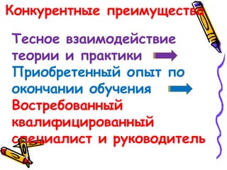 Конкурентные преимущества
Тесное взаимодействие
теории и практики
Приобретенный опыт по
окончании обучения
Востребованный
квалифицированный
специалист и руководитель
 