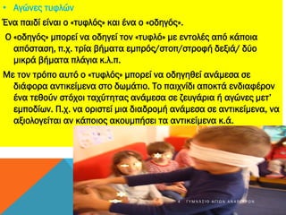 • Αγώνες τυφλών
Ένα παιδί είναι ο «τυφλός» και ένα ο «οδηγός».
Ο «οδηγός» μπορεί να οδηγεί τον «τυφλό» με εντολές από κάποια
απόσταση, π.χ. τρία βήματα εμπρός/στοπ/στροφή δεξιά/ δύο
μικρά βήματα πλάγια κ.λ.π.
Με τον τρόπο αυτό ο «τυφλός» μπορεί να οδηγηθεί ανάμεσα σε
διάφορα αντικείμενα στο δωμάτιο. Το παιχνίδι αποκτά ενδιαφέρον
ένα τεθούν στόχοι ταχύτητας ανάμεσα σε ζευγάρια ή αγώνες μετ’
εμποδίων. Π.χ. να οριστεί μια διαδρομή ανάμεσα σε αντικείμενα, να
αξιολογείται αν κάποιος ακουμπήσει τα αντικείμενα κ.ά.
4 Γ Υ Μ Ν Ά Σ Ι Ο Α Γ Ί Ω Ν Α Ν Α Ρ Γ Ύ Ρ Ω Ν
 