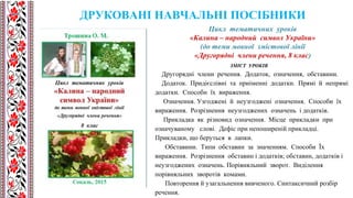 ДРУКОВАНІ НАВЧАЛЬНІ ПОСІБНИКИ
Цикл тематичних уроків
«Калина – народний символ України»
(до теми мовної змістової лінії
«Другорядні члени речення, 8 клас)
ЗМІСТ УРОКІВ
Другорядні члени речення. Додаток, означення, обставини.
Додаток. Придієслівні та приіменні додатки. Прямі й непрямі
додатки. Способи їх вираження.
Означення. Узгоджені й неузгоджені означення. Способи їх
вираження. Розрізнення неузгоджених означень і додатків.
Прикладка як різновид означення. Місце прикладки при
означуваному слові. Дефіс при непоширеній прикладці.
Прикладки, що беруться в лапки.
Обставини. Типи обставин за значенням. Способи Їх
вираження. Розрізнення обставин і додатків; обставин, додатків і
неузгоджених означень. Порівняльний зворот. Виділення
порівняльних зворотів комами.
Повторення й узагальнення вивченого. Синтаксичний розбір
речення.
 
