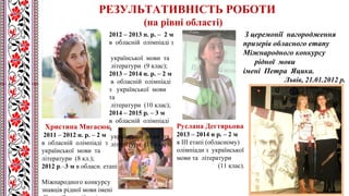 Христина Мигасюк
2011 – 2012 н. р. – 2 м
в обласній олімпіаді з
української мови та
літератури (8 кл.);
2012 р.–3 м в обласн. етапі
Міжнародного конкурсу
знавців рідної мови імені
З церемонії нагородження
призерів обласного етапу
Міжнародного конкурсу
рідної мови
імені Петра Яцика.
Львів, 21.01.2012 р.
РЕЗУЛЬТАТИВНІСТЬ РОБОТИ
(на рівні області)
2012 – 2013 н. р. – 2 м
в обласній олімпіаді з
української мови та
літератури (9 клас);
2013 – 2014 н. р. – 2 м
в обласній олімпіаді
з української мови
та
літератури (10 клас);
2014 – 2015 р. – 3 м
в обласній олімпіаді
з
української мови та
літератури (11 клас).
Руслана Дегтярьова
2013 – 2014 н р. – 2 м
в ІІІ етапі (обласному)
олімпіади з української
мови та літератури
(11 клас).
 