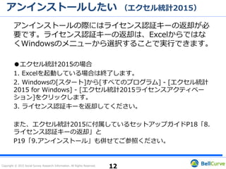Copyright © 2015 Social Survey Research Information. All Rights Reserved.
2. IEのセキュリティ設定について
①Internet Explorerを起動し、「インターネットオプション」を選択しま
す。
②「セキュリティ」タブの「インターネット」を選択します。
このゾーンのセキュリティのレベルが「高」の場合、「中高」に設定して
ください。
③.［適用］ボタンをクリック後、「OK」ボタンをクリックします。
IEの設定を以上にしていただき、ライセンスアクティベーションをお試し
ください。
※ライセンスアクティベーションからライセンス認証キーが取得できた場
合、IEのセキュリティ設定は戻していただいて問題ありません。
12
アクティベーションができない / 体験版から製品版に切り替わらない③
 