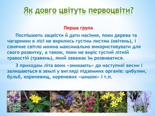 Перша група
Поспішають зацвісти й дати насіння, поки дерева та
чагарники в лісі не вкрились густим листям (квітень), і
сонячне світло можна максимально використовувати для
свого розвитку, а також, поки не виріс густий літній
травостій (травень), який заважає їм розвиватися.
З приходом літа вони «зникають» до наступної весни і
залишаються в землі у вигляді підземних органів: цибулин,
бульб, кореневищ, кореневих «шишок» і т.п.
Як довго цвітуть первоцвіти?
 