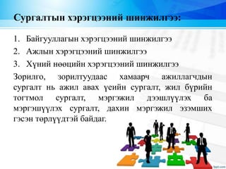 Сургалтын хэрэгцээний шинжилгээ:
1. Байгууллагын хэрэгцээний шинжилгээ
2. Ажлын хэрэгцээний шинжилгээ
3. Хүний нөөцийн хэрэгцээний шинжилгээ
Зорилго, зорилтуудаас хамаарч ажиллагчдын
сургалт нь ажил авах үеийн сургалт, жил бүрийн
тогтмол сургалт, мэргэжил дээшлүүлэх ба
мэргэшүүлэх сургалт, дахин мэргэжил эзэмших
гэсэн төрлүүдтэй байдаг.
 