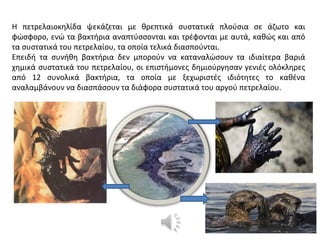 Η πετρελαιοκηλίδα ψεκάζεται με θρεπτικά συστατικά πλούσια σε άζωτο και
φώσφορο, ενώ τα βακτήρια αναπτύσσονται και τρέφονται με αυτά, καθώς και από
τα συστατικά του πετρελαίου, τα οποία τελικά διασπούνται.
Επειδή τα συνήθη βακτήρια δεν μπορούν να καταναλώσουν τα ιδιαίτερα βαριά
χημικά συστατικά του πετρελαίου, οι επιστήμονες δημιούργησαν γενιές ολόκληρες
από 12 συνολικά βακτήρια, τα οποία με ξεχωριστές ιδιότητες το καθένα
αναλαμβάνουν να διασπάσουν τα διάφορα συστατικά του αργού πετρελαίου.
 