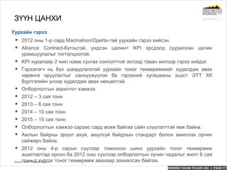ERDENES TAVAN TOLGOI JSC // PAGE 17
Уурхайн гэрээ
ЗҮҮН ЦАНХИ
 2012 оны 1-р сард Macmahon/Operta-тай уурхайн гэрээ хийсэн.
 Alliance Contract-бүтэцтэй, үндсэн цалин+ KPI эрсдэлд суурилсан цалин
урамшуулалыг тогтолцоотой.
 KPI хуралаар 2 жил нэмж сунгах сонголттой эхлээд таван жилээр гэрээ хийдэг.
 Гэрээлэгч нь бүх шаардлагатай уурхайн тоног төхөөрөмжийг худалдаж авах
хөрөнгө оруулалтыг санхүүжүүлэх ба гэрээний хугацааны эцэст ЭТТ ХК
бүртгэлийн үнээр худалдаж авах нөхцөлтэй.
 Олборлолтын зорилтот хэмжээ:
 2012 – 3 сая тонн
 2013 – 6 сая тонн
 2014 – 10 сая тонн
 2015 – 15 сая тонн
 Олборлолтын хэмжээ сараас сард өсөж байгаа сайн үзүүлэлттэй явж байна.
 Ажлын байрны эрүүл ахуй, аюулгүй байдлын стандарт болон ажиллах орчин
сайжирч байна.
 2012 оны 4-р сарын сүүлээр томоохон шинэ уурхайн тоног төхөөрөмж
ашиглалтад орсон ба 2012 оны сүүлээр олборлолтын хүчин чадалыг жилт 6 сая
тонн-д хүргэх тоног төхөөрөмж авахаар захиалсан байгаа.Source: Draft Technical Report
 