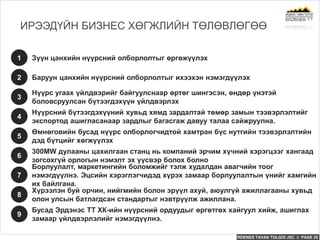 ERDENES TAVAN TOLGOI JSC // PAGE 25
Зүүн цанхийн нүүрсний олборлолтыг өргөжүүлэх1
Баруун цанхийн нүүрсний олборлолтыг ихээхэн нэмэгдүүлэх2
Нүүрс угаах үйлдвэрийг байгуулснаар өртөг шингэсэн, өндөр үнэтэй
боловсруулсан бүтээгдэхүүн үйлдвэрлэх
3
Нүүрсний бүтээгдэхүүний хувьд хямд зардалтай төмөр замын тээвэрлэлтийг
экспортод ашигласанаар зардлыг багасгаж давуу талаа сайжруулна.
4
Өмнөговийн бусад нүүрс олборлогчидтой хамтран бүс нутгийн тээвэрлэлтийн
дэд бүтцийг хөгжүүлэх
5
300MW дулааны цахилгаан станц нь компаний эрчим хүчний хэрэгцээг хангаад
зогсохгүй орлогын нэмэлт эх үүсвэр болох болно
6
Борлуулалт, маркетингийн боломжийг тэлж худалдан авагчийн тоог
нэмэгдүүлнэ. Эцсийн хэрэглэгчидэд хүрэх замаар борлуулалтын үнийг хамгийн
их байлгана.
7
Хүрээлэн буй орчин, нийгмийн болон эрүүл ахуй, аюулгүй ажиллагааны хувьд
олон улсын батлагдсан стандартыг нэвтрүүлж ажиллана.
8
Бусад Эрдэнэс ТТ ХК-ийн нүүрсний ордуудыг өргөтгөх хайгуул хийж, ашиглах
замаар үйлдвэрлэлийг нэмэгдүүлнэ.
9
ИРЭЭДҮЙН БИЗНЕС ХӨГЖЛИЙН ТӨЛӨВЛӨГӨӨ
 