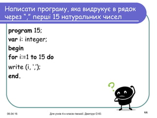 06.04.16 Для учнів 4-х класів гімназії. Дмитрук О.Ю. 11
Написати програму, яка видрукує в рядок
через “,” перші 15 натуральних чисел
program 15;
var i: integer;
begin
for i:=1 to 15 do
write (i, ‘,’); 
еnd.
 