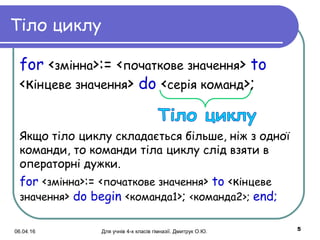 06.04.16 Для учнів 4-х класів гімназії. Дмитрук О.Ю. 5
Тіло циклу
for <змінна>:= <початкове значення> to
<кінцеве значення> do <серія команд>;
Якщо тіло циклу складається більше, ніж з одної
команди, то команди тіла циклу слід взяти в
операторні дужки.
for <змінна>:= <початкове значення> to <кінцеве
значення> do begin <командa1>; <командa2>; end;
 