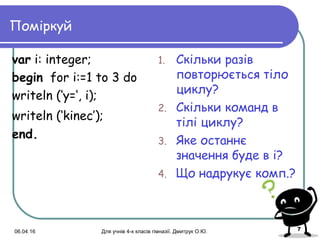 06.04.16 Для учнів 4-х класів гімназії. Дмитрук О.Ю. 7
Поміркуй
var i: integer;
begin for i:=1 to 3 do
writeln (‘y=‘, i);
writeln (‘kinec’);
еnd.
1. Скільки разів
повторюється тіло
циклу?
2. Скільки команд в
тілі циклу?
3. Яке останнє
значення буде в і?
4. Що надрукує комп.?
 