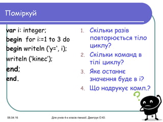 06.04.16 Для учнів 4-х класів гімназії. Дмитрук О.Ю. 9
Поміркуй
var i: integer;
begin for i:=1 to 3 do
begin writeln (‘y=‘, i);
writeln (‘kinec’);
end;
еnd.
1. Скільки разів
повторюється тіло
циклу?
2. Скільки команд в
тілі циклу?
3. Яке останнє
значення буде в і?
4. Що надрукує комп.?
 