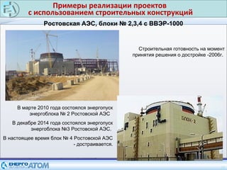 Примеры реализации проектов
с использованием строительных конструкций
19
Ростовская АЭС, блоки № 2,3,4 с ВВЭР-1000
Строительная готовность на момент
принятия решения о достройке -2006г.
В марте 2010 года состоялся энергопуск
энергоблока № 2 Ростовской АЭС
В декабре 2014 года состоялся энергопуск
энергоблока №3 Ростовской АЭС.
В настоящее время блок № 4 Ростовской АЭС
- достраивается.
 
