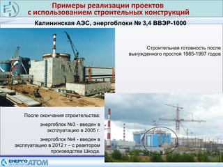Примеры реализации проектов
с использованием строительных конструкций
20
Калининская АЭС, энергоблоки № 3,4 ВВЭР-1000
Строительная готовность после
вынужденного простоя 1985-1997 годов
После окончания строительства:
энергоблок №3 - введен в
эксплуатацию в 2005 г.
энергоблок №4 - введен в
эксплуатацию в 2012 г – с реактором
производства Шкода.
 