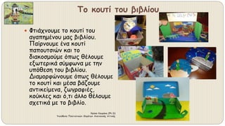 Το κουτί του βιβλίου
 Φτιάχνουμε το κουτί του
αγαπημένου μας βιβλίου.
Παίρνουμε ένα κουτί
παπουτσιών και το
διακοσμούμε όπως θέλουμε
εξωτερικά σύμφωνα με την
υπόθεση του βιβλίου.
Διαμορφώνουμε όπως θέλουμε
το κουτί και μέσα βάζουμε
αντικείμενα, ζωγραφιές,
κούκλες και ό,τι άλλο θέλουμε
σχετικά με το βιβλίο.
Χρύσα Κουράκη (Ph.D)
Υπεύθυνη Πολιτιστικών Θεμάτων Ανατολικής Αττικής
 