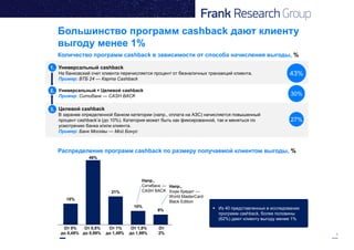 6
8%
10%
21%
46%
15%
Большинство программ cashback дают клиенту
выгоду менее 1%
Универсальный cashback
На банковский счет клиента перечисляется процент от безналичных транзакций клиента.
Пример: ВТБ 24 — Карта Cashback
Универсальный + Целевой cashback
Пример: Ситибанк — CASH BACK
Целевой cashback
В заранее определенной банком категории (напр., оплата на АЗС) начисляется повышенный
процент cashback’а (до 10%). Категория может быть как фиксированной, так и меняться по
усмотрению банка и/или клиента.
Пример: Банк Москвы — Мой Бонус
1.
2.
3.
Количество программ cashback в зависимости от способа начисления выгоды, %
43%
27%
30%
Распределение программ cashback по размеру получаемой клиентом выгоды, %
От 0%
до 0,49%
 Из 40 представленных в исследовании
программ cashback, более половины
(62%) дают клиенту выгоду менее 1%
От 0,5%
до 0,99%
От 1%
до 1,49%
От 1,5%
до 1,99%
От
2%
Напр.,
Хоум Кредит —
World MasterCard
Black Edition
Напр.,
Ситибанк —
CASH BACK
 
