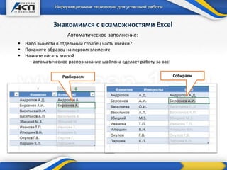 Знакомимся с возможностями Excel
 Надо вынести в отдельный столбец часть ячейки?
 Покажите образец на первом элементе
 Начните писать второй
– автоматическое распознавание шаблона сделает работу за вас!
Автоматическое заполнение:
Разбираем Собираем
 