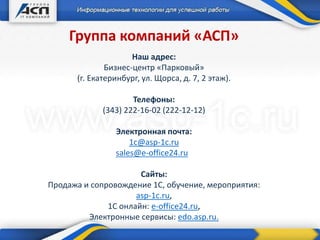 Группа компаний «АСП»
Наш адрес:
Бизнес-центр «Парковый»
(г. Екатеринбург, ул. Щорса, д. 7, 2 этаж).
Телефоны:
(343) 222-16-02 (222-12-12)
Электронная почта:
1c@asp-1c.ru
sales@e-office24.ru
Сайты:
Продажа и сопровождение 1С, обучение, мероприятия:
asp-1c.ru,
1С онлайн: e-office24.ru,
Электронные сервисы: edo.asp.ru.
 