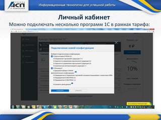 Личный кабинет
Можно подключать несколько программ 1С в рамках тарифа:
 