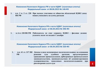 1. п.п. 2 п. 2 ст. 220
НК РФ
При выходе участника из общества облагаемый НДФЛ доход
можно уменьшить на сумму расходов
Изменения Налогового Кодекса РФ в части НДФЛ (налоговые агенты)
Федеральный закон от 08.06.2015 № 146-ФЗ
4
1. п. 6 ст. 228 НК РФ Работодатель не смог удержать НДФЛ - физлицо должно
уплатить налог не позднее 1 декабря
Изменения Налогового Кодекса РФ в части НДФЛ (налоговые агенты)
Федеральный закон от 06.04.2015 № 396-ФЗ
Изменения Налогового Кодекса РФ в части НДФЛ (налоговые агенты)
Федеральный закон от 06.04.2015 № 320-ФЗ
1. п.п. 61 ст. 217 НК
РФ
Доходы в виде возмещенных налогоплательщику на основании
решения суда судебных расходов, предусмотренных
гражданским процессуальным, арбитражным процессуальным
законодательством, законодательством об административном
судопроизводстве, понесенных налогоплательщиком при
рассмотрении дела в суде
 