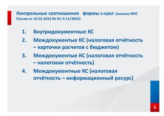 1. Внутридокументные КС
2. Междокументые КС (налоговая отчётность
– карточки расчетов с бюджетом)
3. Междокументые КС (налоговая отчётность
– налоговая отчётность)
4. Междокументные КС (налоговая
отчётность – информационный ресурс)
Контрольные соотношения формы 6-НДФЛ (письмо ФНС
России от 10.03.2016 № БС-4-11/3852)
6
 