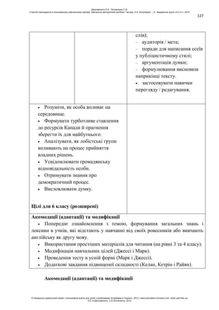 127
слів);
аудиторія / мета;
поради для написання есеїв
у публіцистичному стилі;
аргументація думки;
формулювання висновків
наприкінці тексту.
застосовувати навички
перегляду / редагування.
Розуміти, як особа впливає на
середовище.
Формувати турботливе ставлення
до ресурсів Канади й прагнення
зберегти їх для майбутнього.
Аналізувати, як лобістські групи
впливають на процес прийняття
владних рішень.
Усвідомлювати громадянську
відповідальність особи.
Отримувати знання про
демократичний процес.
Висловлювати думку.
Цілі для 6 класу (розширені)
Акомодації (адаптації) та модифікації
Попереднє ознайомлення з темою, формування загальних знань і
лексики в учнів, які відстають у навчанні від своїх ровесників або вивчають
англійську як другу мову.
Використання простіших матеріалів для читання (на рівні 3 та 4 класу).
Модифікація навчальних цілей (Джессі і Марк).
Проведення тесту в усній формі (Марк і Джессі).
Додаткові завдання підвищеної складності (Келан, Кетрін і Райян).
Акомодації (адаптації) та модифікації
Данілавічютє Е.А., Литовченко С.В.
Стратегії викладання в інклюзивному навчальному закладі: навчально-методичний посібник / За ред. А.А. Колупаєвої. – К.: Видавнича група «А.С.К.», 2012
© Канадсько-український проект «Інклюзивна освіта для дітей з особливими потребами в Україні», 2012 / www.education-inclusive.com, www.ussf.kiev.ua
© Е.А.Данілавічютє, С.В.Литовченко, 2012
 