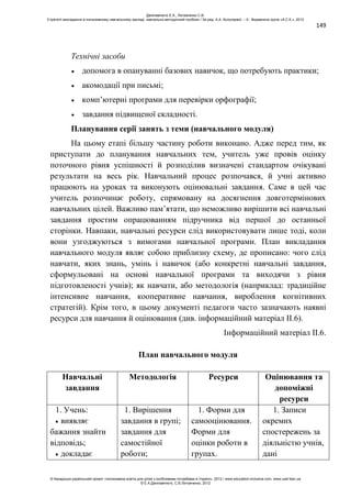 149
Технічні засоби
допомога в опануванні базових навичок, що потребують практики;
акомодації при письмі;
комп’ютерні програми для перевірки орфографії;
завдання підвищеної складності.
Планування серії занять з теми (навчального модуля)
На цьому етапі більшу частину роботи виконано. Адже перед тим, як
приступати до планування навчальних тем, учитель уже провів оцінку
поточного рівня успішності й розподілив визначені стандартом очікувані
результати на весь рік. Навчальний процес розпочався, й учні активно
працюють на уроках та виконують оцінювальні завдання. Саме в цей час
учитель розпочинає роботу, спрямовану на досягнення довготермінових
навчальних цілей. Важливо пам’ятати, що неможливо вирішити всі навчальні
завдання простим опрацюванням підручника від першої до останньої
сторінки. Навпаки, навчальні ресурси слід використовувати лише тоді, коли
вони узгоджуються з вимогами навчальної програми. План викладання
навчального модуля являє собою приблизну схему, де прописано: чого слід
навчати, яких знань, умінь і навичок (або конкретні навчальні завдання,
сформульовані на основі навчальної програми та виходячи з рівня
підготовленості учнів); як навчати, або методологія (наприклад: традиційне
інтенсивне навчання, кооперативне навчання, вироблення когнітивних
стратегій). Крім того, в цьому документі педагоги часто зазначають наявні
ресурси для навчання й оцінювання (див. інформаційний матеріал ІІ.6).
Інформаційний матеріал ІІ.6.
План навчального модуля
Навчальні
завдання
Методологія Ресурси Оцінювання та
допоміжні
ресурси
1. Учень:
виявляє
бажання знайти
відповідь;
докладає
1. Вирішення
завдання в групі;
завдання для
самостійної
роботи;
1. Форми для
самооцінювання.
Форми для
оцінки роботи в
групах.
1. Записи
окремих
спостережень за
діяльністю учнів,
дані
Данілавічютє Е.А., Литовченко С.В.
Стратегії викладання в інклюзивному навчальному закладі: навчально-методичний посібник / За ред. А.А. Колупаєвої. – К.: Видавнича група «А.С.К.», 2012
© Канадсько-український проект «Інклюзивна освіта для дітей з особливими потребами в Україні», 2012 / www.education-inclusive.com, www.ussf.kiev.ua
© Е.А.Данілавічютє, С.В.Литовченко, 2012
 