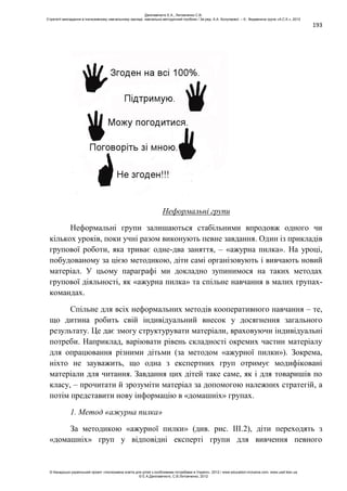 193
Неформальні групи
Неформальні групи залишаються стабільними впродовж одного чи
кількох уроків, поки учні разом виконують певне завдання. Один із прикладів
групової роботи, яка триває одне-два заняття, – «ажурна пилка». На уроці,
побудованому за цією методикою, діти самі організовують і вивчають новий
матеріал. У цьому параграфі ми докладно зупинимося на таких методах
групової діяльності, як «ажурна пилка» та спільне навчання в малих групах-
командах.
Спільне для всіх неформальних методів кооперативного навчання – те,
що дитина робить свій індивідуальний внесок у досягнення загального
результату. Це дає змогу структурувати матеріали, враховуючи індивідуальні
потреби. Наприклад, варіювати рівень складності окремих частин матеріалу
для опрацювання різними дітьми (за методом «ажурної пилки»). Зокрема,
ніхто не зауважить, що одна з експертних груп отримує модифіковані
матеріали для читання. Завдання цих дітей таке саме, як і для товаришів по
класу, – прочитати й зрозуміти матеріал за допомогою належних стратегій, а
потім представити нову інформацію в «домашніх» групах.
1. Метод «ажурна пилка»
За методикою «ажурної пилки» (див. рис. ІІІ.2), діти переходять з
«домашніх» груп у відповідні експерті групи для вивчення певного
Данілавічютє Е.А., Литовченко С.В.
Стратегії викладання в інклюзивному навчальному закладі: навчально-методичний посібник / За ред. А.А. Колупаєвої. – К.: Видавнича група «А.С.К.», 2012
© Канадсько-український проект «Інклюзивна освіта для дітей з особливими потребами в Україні», 2012 / www.education-inclusive.com, www.ussf.kiev.ua
© Е.А.Данілавічютє, С.В.Литовченко, 2012
 
