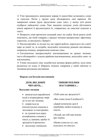 224
Учні продовжують виконувати вправу й самостійно вставляють слова
за смислом. Потім у групах вони обговорюють свої варіанти. По
завершенні кожна група представляє один текст, у якому діти разом
підібрали найвдаліші слова. Таке завдання спонукає учнів обстоювати
власні варіанти й аргументувати їх, спираючись на смислові підказки в
тексті.
Попросіть учня прочитати складний текст на слайді. Коли решта дітей
помічають, що їхній товариш у процесі читання використовує ефективну
стратегію, то вигукують «Замри!»
Поспостерігайте за дітьми під час парної роботи, переходьте від однієї
пари до іншої та, за потреби, моделюйте відповідну реакцію наставника,
наприклад похвалу, виправлення помилки тощо.
Систематично використовуйте взаємонавчання на уроках читання,
часто обговорюйте з класом прийоми взаємонавчання, заохочуйте само- та
взаємооцінку.
Учням молодшого віку подобається активна форма роботи, коли вони
рухаються по класу й збирають підписи товаришів у своїй табличці із
типовими репліками наставника.
Поради для батьків-наставників
ДІТИ, ЯКІ ДОБРЕ
ЧИТАЮТЬ…
ТИПОВІ РЕПЛІКИ
НАСТАВНИКА…
Вдумливе читання
намагається передбачити
події в літературному творі
до та під час читання;
спирається на
контекстуальні підказки в
заголовках та ілюстраціях;
не зупиняється перед
незнайомими словами в
тексті, а, навпаки, пробує їх
зрозуміти й прочитати;
застосовує спеціальні
«Тобі поки що зрозуміло?»
«Яке слово сюди б підійшло?»
«Давай почитаємо далі й
спробуймо знайти підказку в
тексті».
«Згадай, що тобі вже відомо
про тигрів».
«Назви слово на «с», яке
підходить по смислу».
Данілавічютє Е.А., Литовченко С.В.
Стратегії викладання в інклюзивному навчальному закладі: навчально-методичний посібник / За ред. А.А. Колупаєвої. – К.: Видавнича група «А.С.К.», 2012
© Канадсько-український проект «Інклюзивна освіта для дітей з особливими потребами в Україні», 2012 / www.education-inclusive.com, www.ussf.kiev.ua
© Е.А.Данілавічютє, С.В.Литовченко, 2012
 