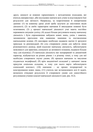 52
друге, цінності ці повинні гармоніювати з методичними підходами, які
вчитель використовує, аби послідовно навчати всіх учнів та відстежувати їхні
результати для звітності. Наприклад, за теоретичними й емпіричними
даними: (1) на кожному уроці дітей треба залучати до змістовних видів
діяльності; (2) за своїм характером навчання й викладання повинні бути
позитивним; (3) у процесі навчальної діяльності учні мають постійно
переживати ситуацію успіху; (4) дедалі більше регулювати власну навчальну
діяльність і бути спроможними набувати нових знань, умінь і навичок,
заповнюючи прогалини між наявними знаннями та поставленими
навчальними цілями; (5) школярам необхідно надавати наочні й зрозумілі
приклади та рекомендації; (6) слід створювати умови для набуття ними
різноманітного досвіду, який підсилює навчальну діяльність, забезпечувати
можливості для практики, спонукати до активного пізнання, надавати більше
часу для відповіді; (7) навчальна діяльність має неперервний та динамічний
характер, відбувається на різних рівнях і в різному темпі, а тому для неї
необхідно створювати гнучкі умови; (8) процеси навчання та мислення
піддаються модифікації; (9) крім академічної складової у навчанні також
присутня соціальна складова, а тому для нього варто забезпечувати
соціальний контекст; (10) навчання – це процес інтерпретації та
конструювання нових знань; (11) учитель має встановлювати цілі й задачі,
визначати очікувані результати й створювати умови для самостійного
регулювання учнями власної навчальної діяльності (див. рис. ІІ.2).
Данілавічютє Е.А., Литовченко С.В.
Стратегії викладання в інклюзивному навчальному закладі: навчально-методичний посібник / За ред. А.А. Колупаєвої. – К.: Видавнича група «А.С.К.», 2012
© Канадсько-український проект «Інклюзивна освіта для дітей з особливими потребами в Україні», 2012 / www.education-inclusive.com, www.ussf.kiev.ua
© Е.А.Данілавічютє, С.В.Литовченко, 2012
 